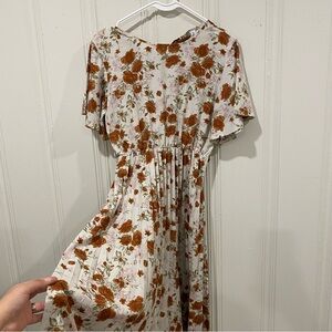 Floral Midi Dress in White and Brown